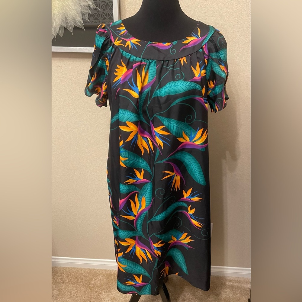 80s Vintage Hilo Hattie Black Lightweight Polyester Bird of Paradise Size XL EUC